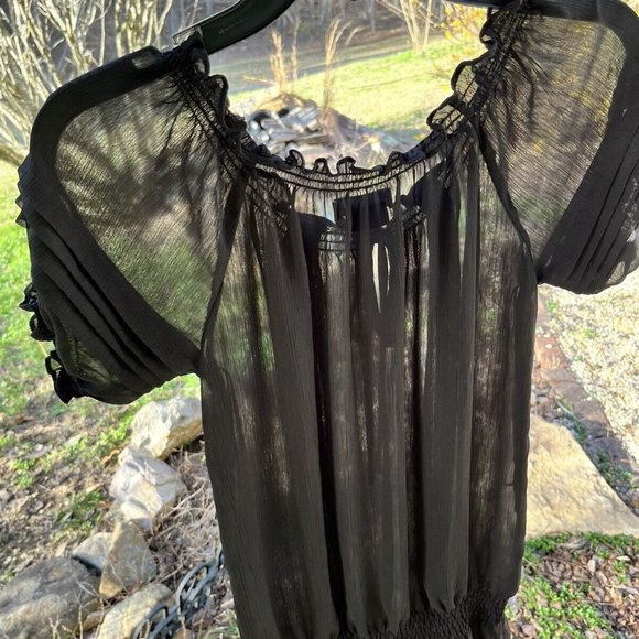 Miley Cyrus Max Azria Women Black Ruffle Boat Neck Surplice Sheer Blouse Size M - Picture 10 of 10